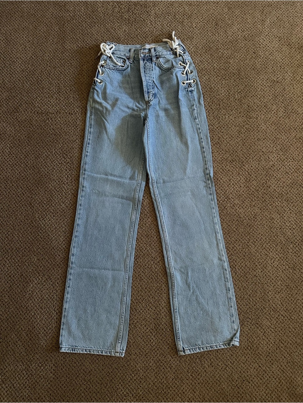 Topshop Light Blue High-Rise Straight Leg Jeans with Lace-Up Sides